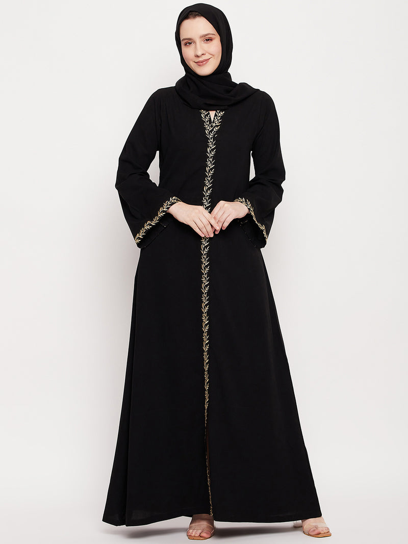 Nabia Women Black Solid Nida Matte Fabric Abaya Burqa With Black Georgette Scarf