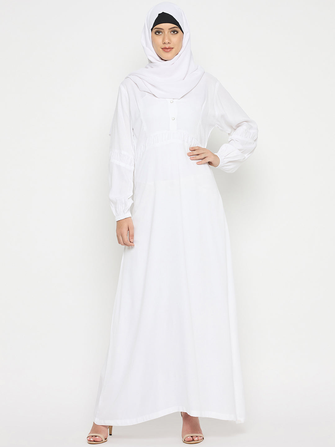 White Rayon V-Neck Solid Abaya with Black Hijab