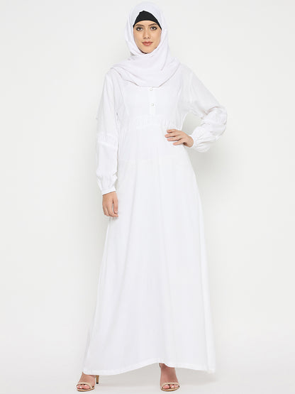 White Rayon V-Neck Solid Abaya with Black Hijab