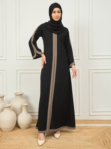 Nabia Black and Grey Solid Aline Abaya Burqa With Black Georgette Hijab