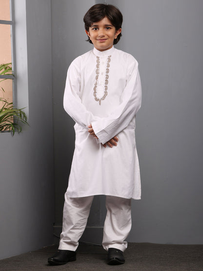 Nabia Embroidered White Kurta Pajama Set for Kids Boys