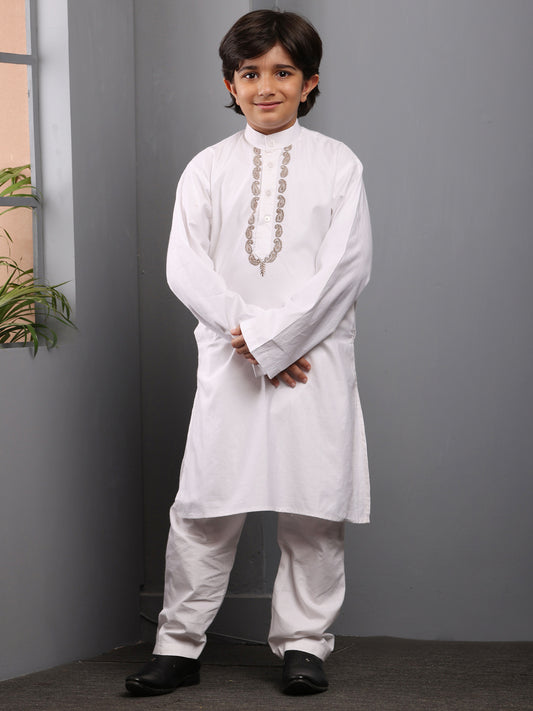 Nabia Embroidered White Kurta Pajama Set for Kids Boys