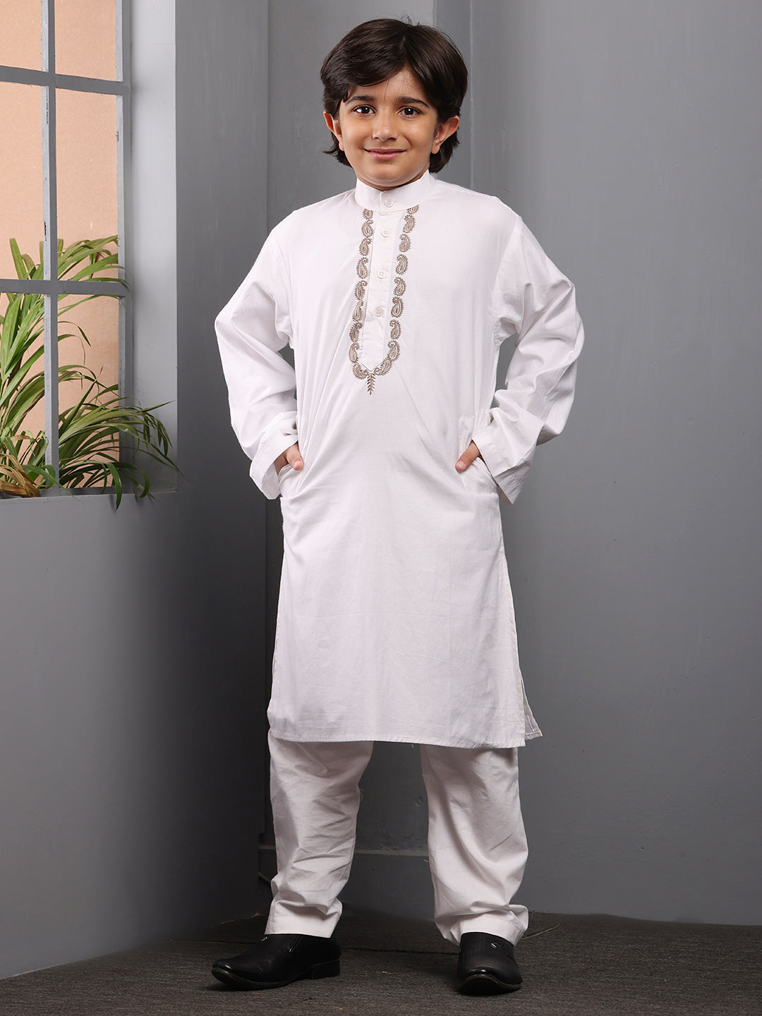 Nabia Embroidered White Kurta Pajama Set for Kids Boys