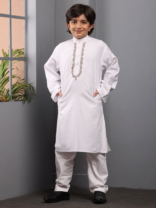 Nabia Embroidered White Kurta Pajama Set for Kids Boys