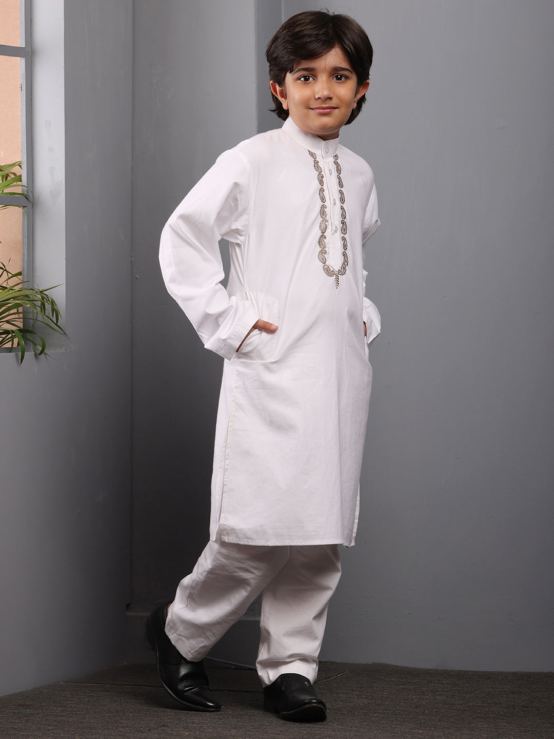 Nabia Embroidered White Kurta Pajama Set for Kids Boys