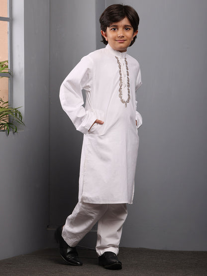 Nabia Embroidered White Kurta Pajama Set for Kids Boys