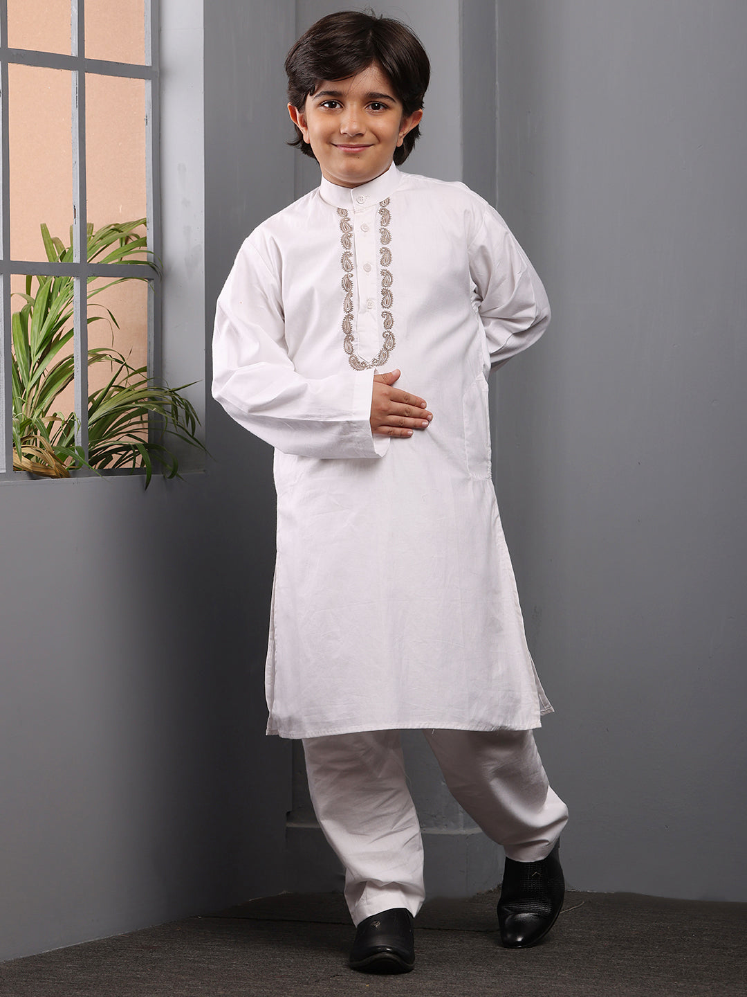 Nabia Embroidered White Kurta Pajama Set for Kids Boys