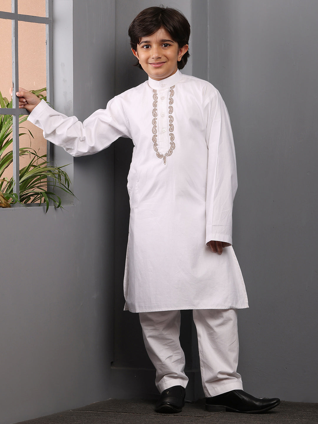 Nabia Embroidered White Kurta Pajama Set for Kids Boys