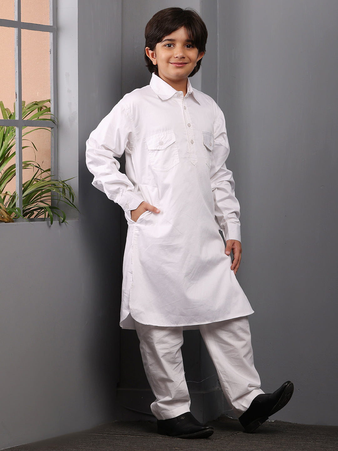 Nabia White  Kids Boys Pathani Kurta Pajama Set