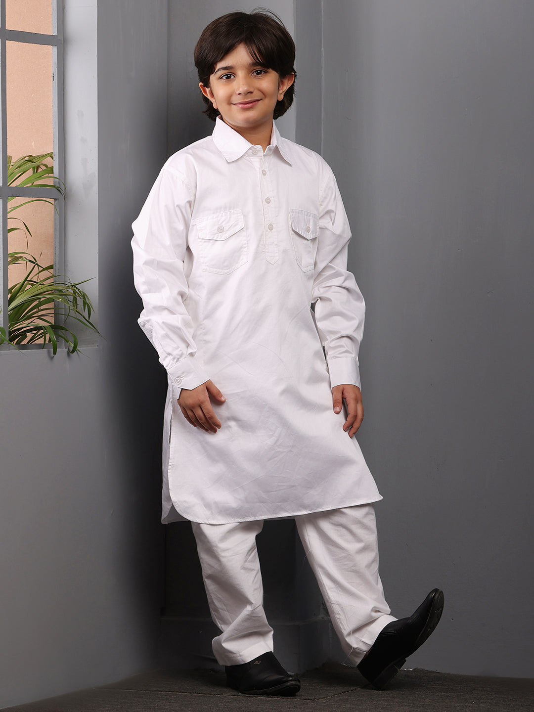 Nabia White  Kids Boys Pathani Kurta Pajama Set