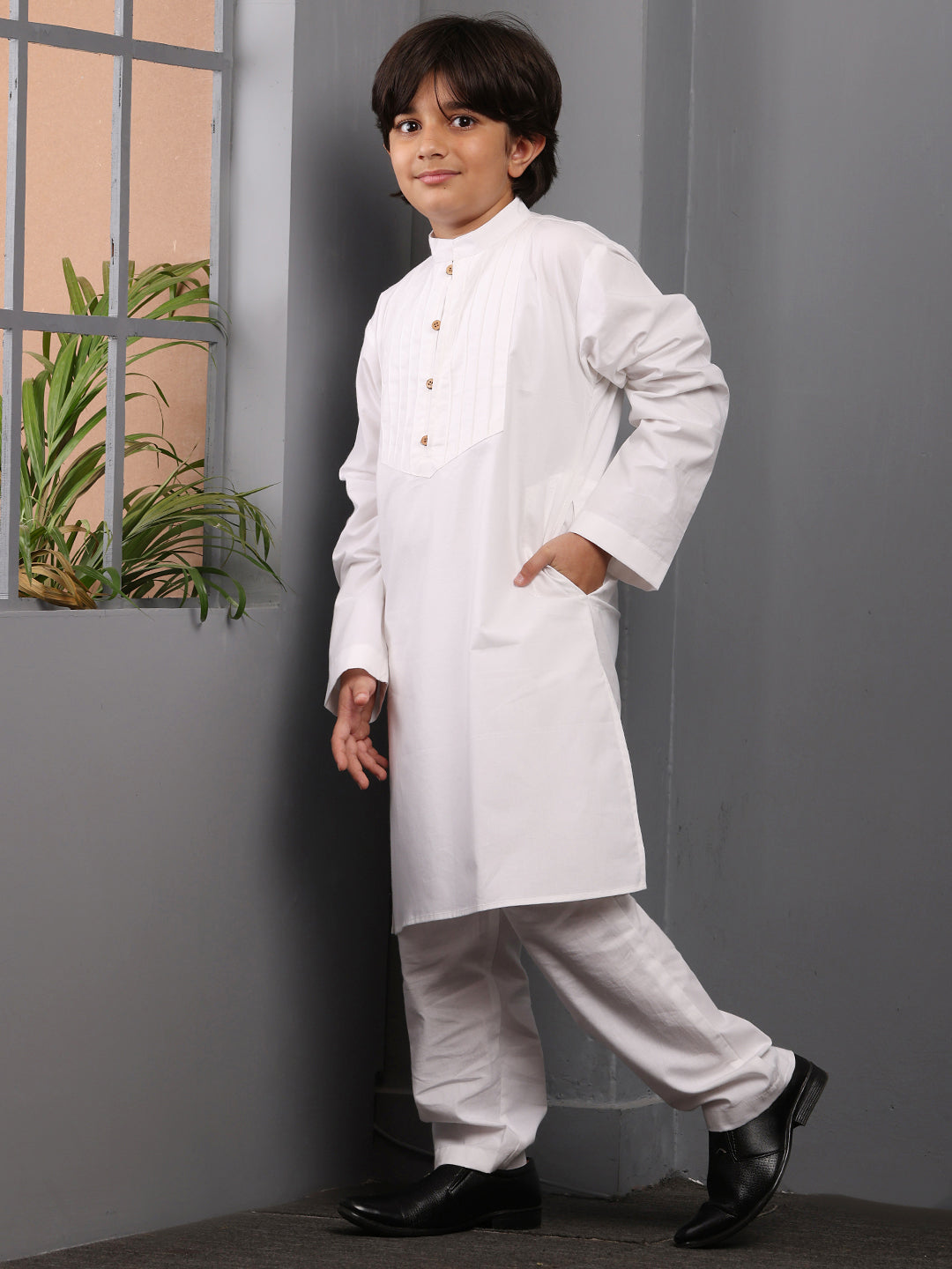 Nabia Solid White Kurta Pajama Set for Kids Boys