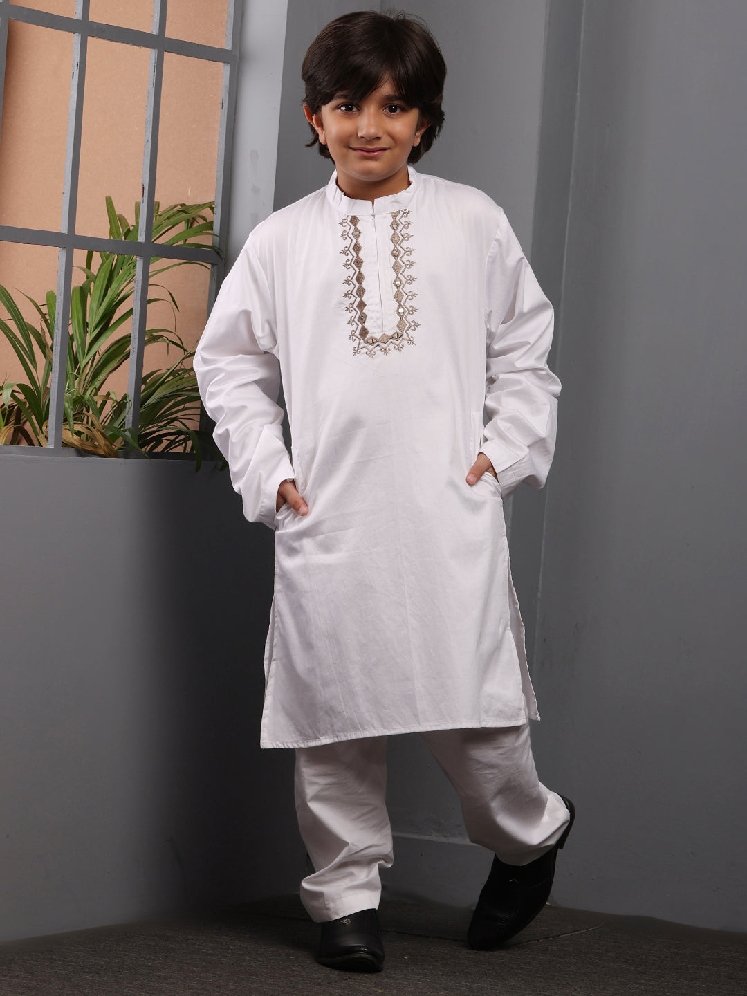 Embroidered Zip Closure White Kurta Pajama Set for Kids Boys