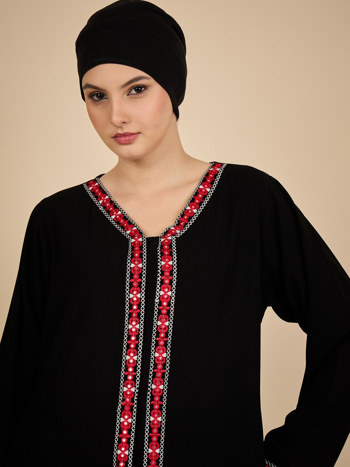 Front Open Modest Embroidered Black Abaya with Matching Hijab