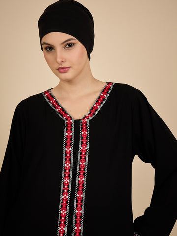 Front Open Modest Embroidered Black Abaya with Matching Hijab