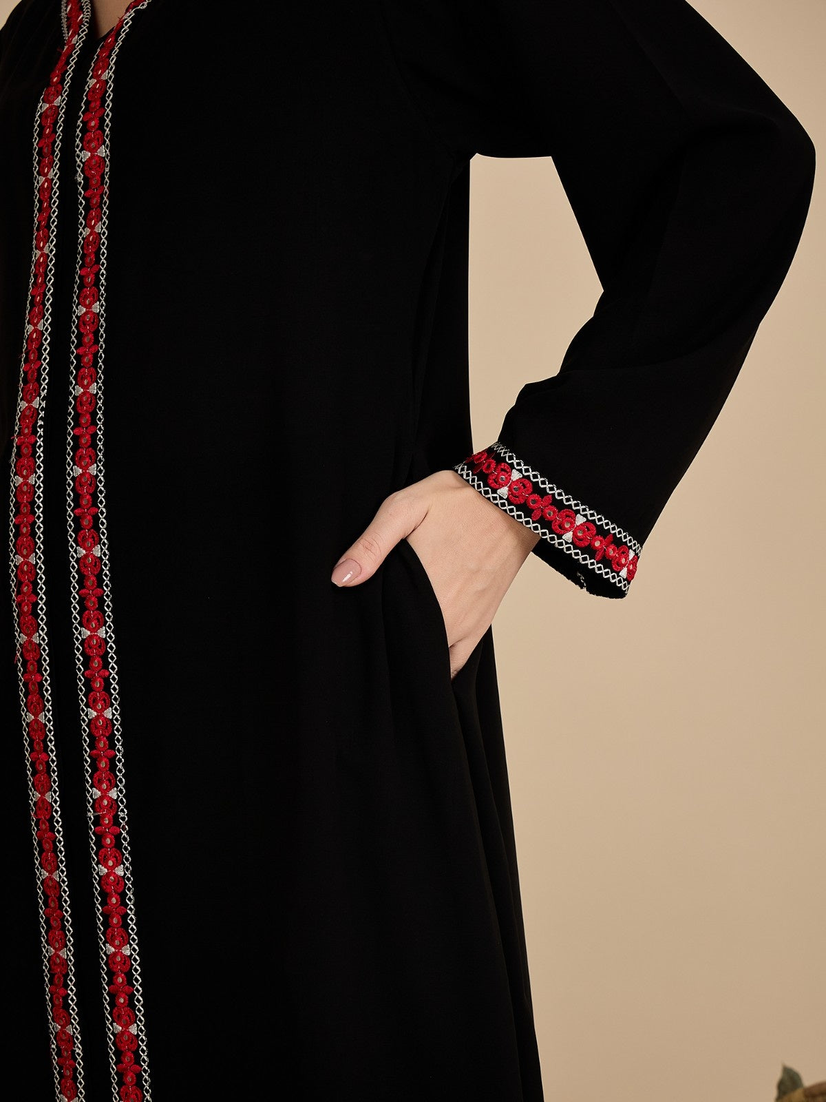 Front Open Modest Embroidered Black Abaya with Matching Hijab