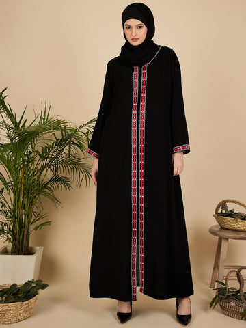 Front Open Modest Embroidered Black Abaya with Matching Hijab