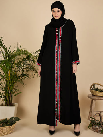 Front Open Modest Embroidered Black Abaya with Matching Hijab