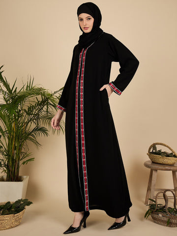 Front Open Modest Embroidered Black Abaya with Matching Hijab