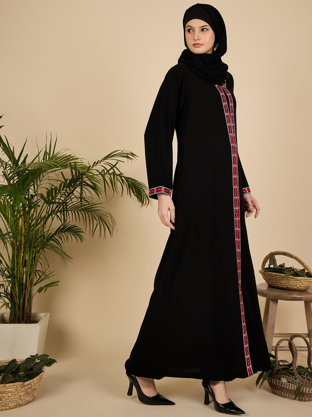 Front Open Modest Embroidered Black Abaya with Matching Hijab