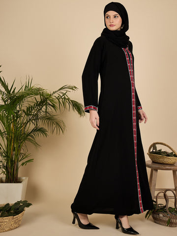 Front Open Modest Embroidered Black Abaya with Matching Hijab