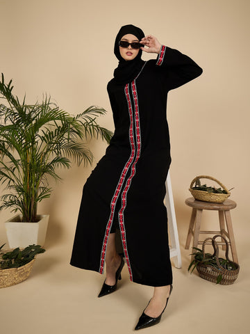 Front Open Modest Embroidered Black Abaya with Matching Hijab