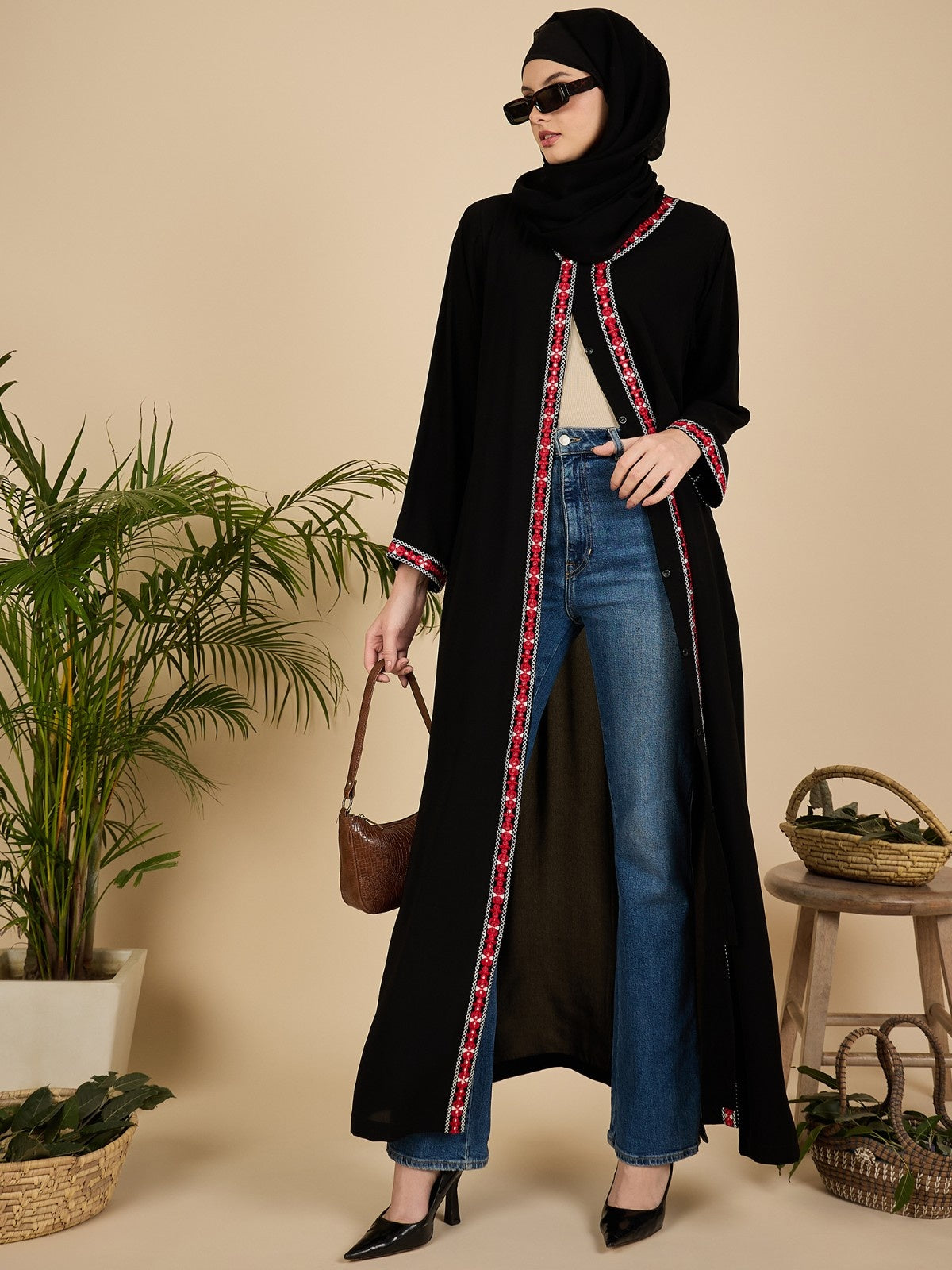 Front Open Modest Embroidered Black Abaya with Matching Hijab