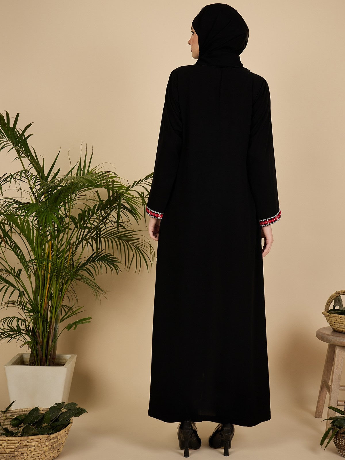 Front Open Modest Embroidered Black Abaya with Matching Hijab