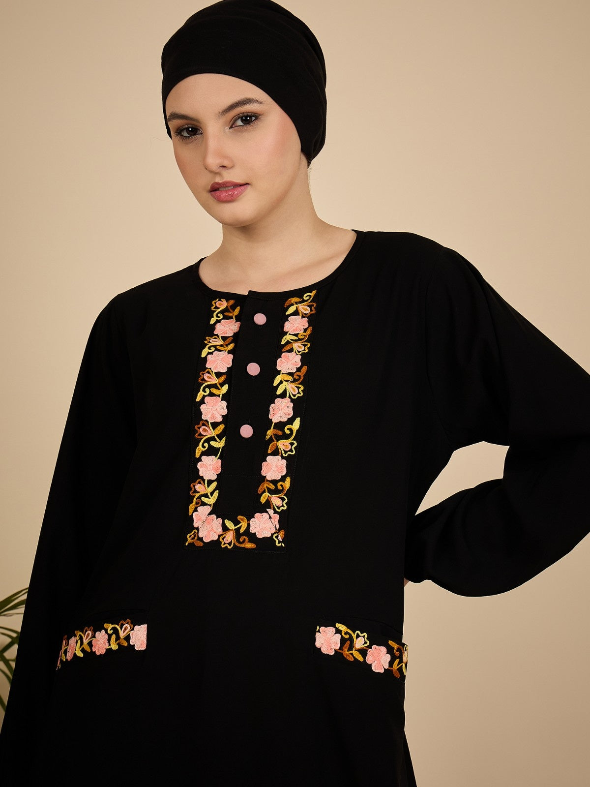 Embroidered Black Modest Abaya Burqa with Georgette Matching Hijab