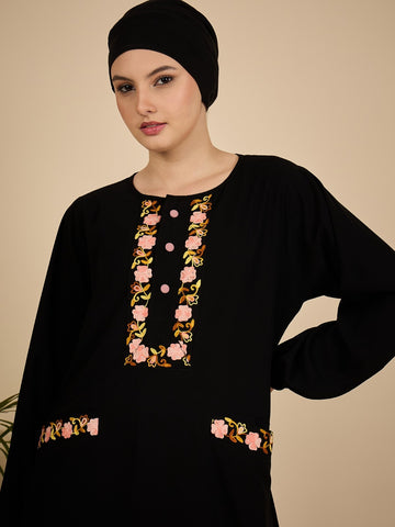 Embroidered Black Modest Abaya Burqa with Georgette Matching Hijab