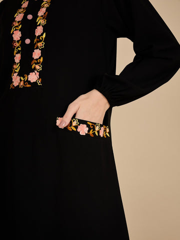 Embroidered Black Modest Abaya Burqa with Georgette Matching Hijab