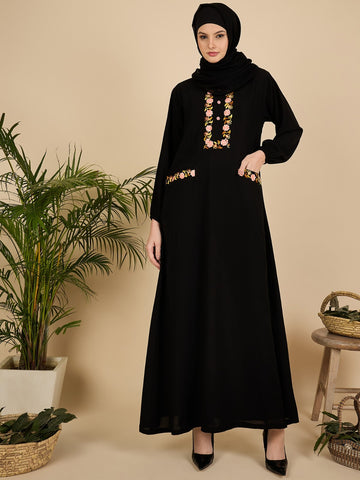 Embroidered Black Modest Abaya Burqa with Georgette Matching Hijab