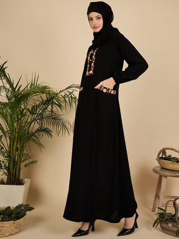 Embroidered Black Modest Abaya Burqa with Georgette Matching Hijab