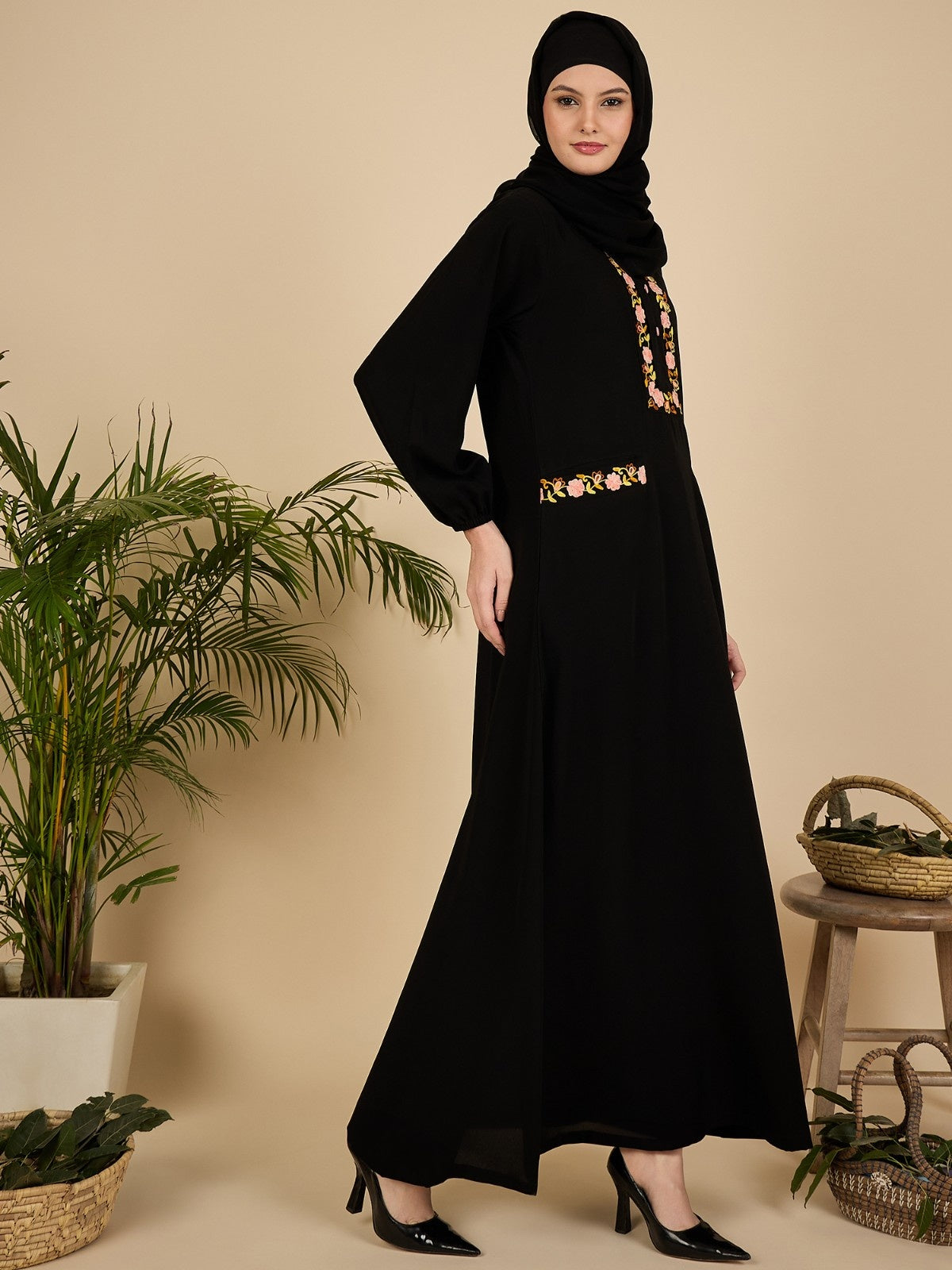 Embroidered Black Modest Abaya Burqa with Georgette Matching Hijab
