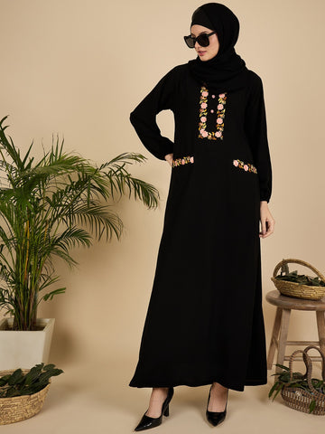 Embroidered Black Modest Abaya Burqa with Georgette Matching Hijab