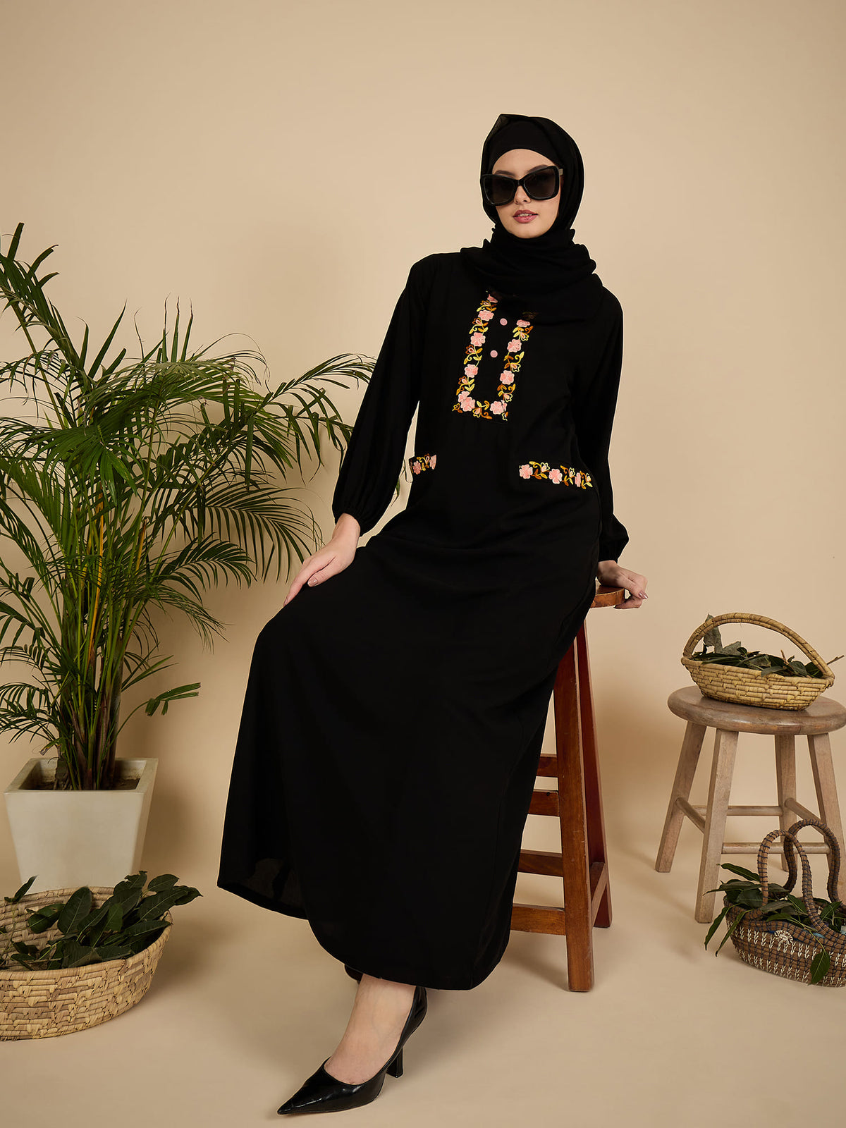 Embroidered Black Modest Abaya Burqa with Georgette Matching Hijab
