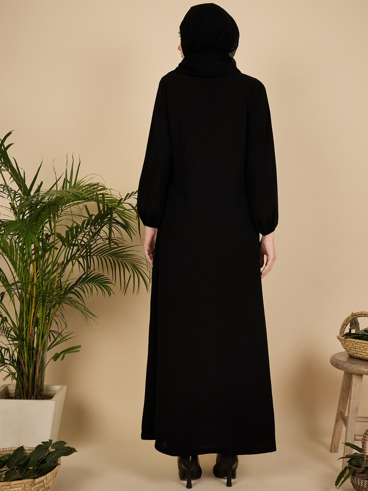 Embroidered Black Modest Abaya Burqa with Georgette Matching Hijab