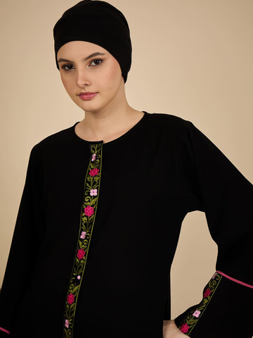Front Open Embroidered Modest Abaya Burqa with Black Hijab