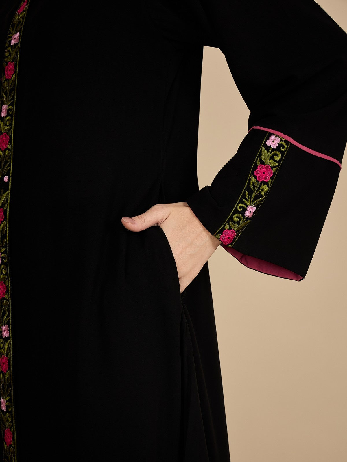 Front Open Embroidered Modest Abaya Burqa with Black Hijab
