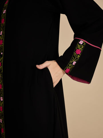 Front Open Embroidered Modest Abaya Burqa with Black Hijab
