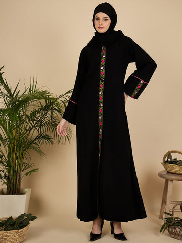 Front Open Embroidered Modest Abaya Burqa with Black Hijab