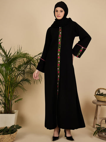 Front Open Embroidered Modest Abaya Burqa with Black Hijab