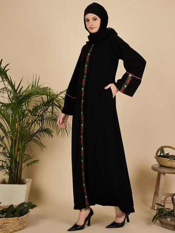 Front Open Embroidered Modest Abaya Burqa with Black Hijab
