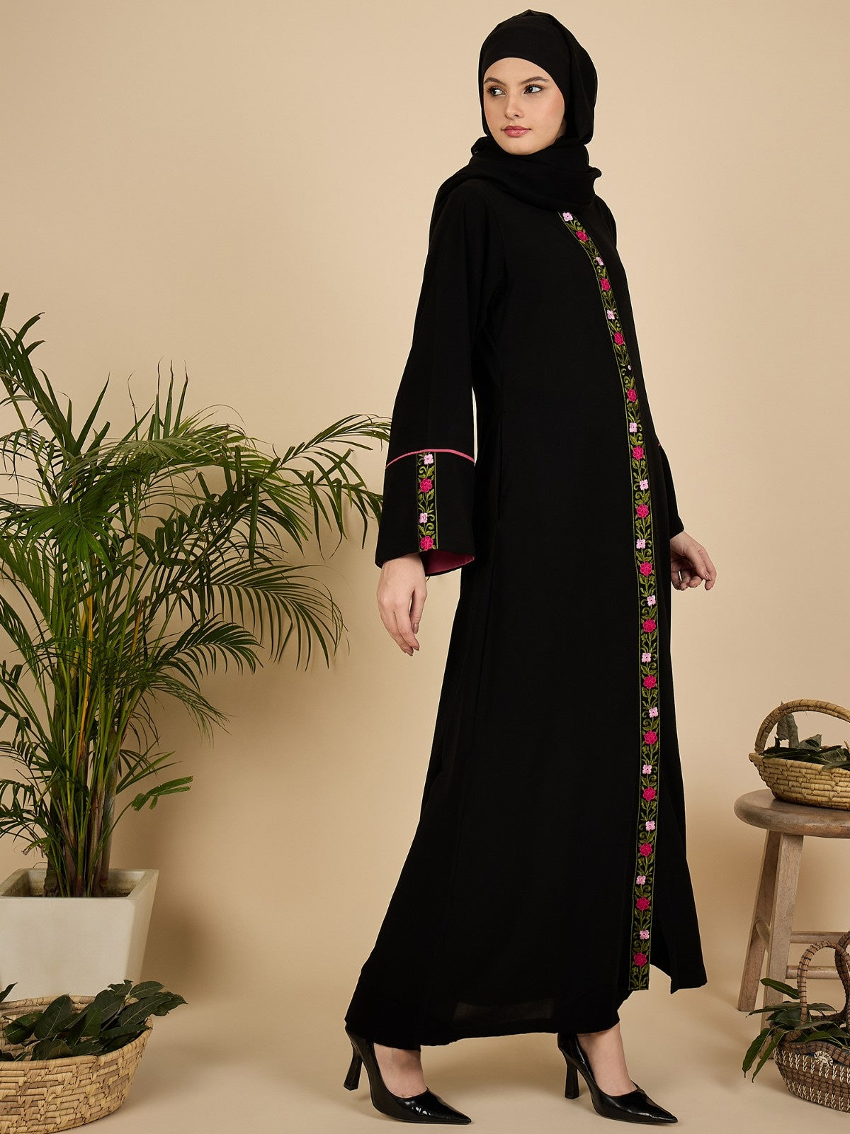 Front Open Embroidered Modest Abaya Burqa with Black Hijab