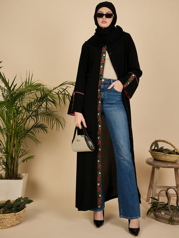 Front Open Embroidered Modest Abaya Burqa with Black Hijab