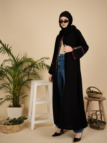 Front Open Embroidered Modest Abaya Burqa with Black Hijab