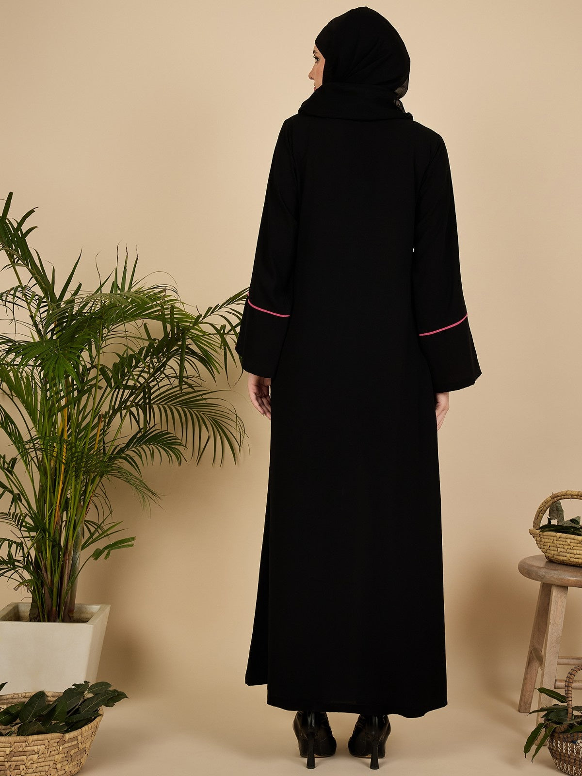 Front Open Embroidered Modest Abaya Burqa with Black Hijab