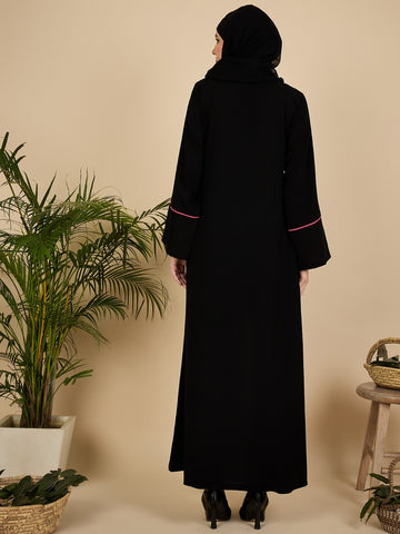 Front Open Embroidered Modest Abaya Burqa with Black Hijab