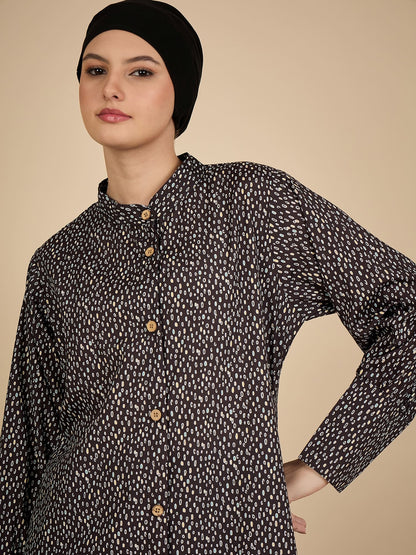 Front Open Black Printed Abaya Burqa with Black Hijab