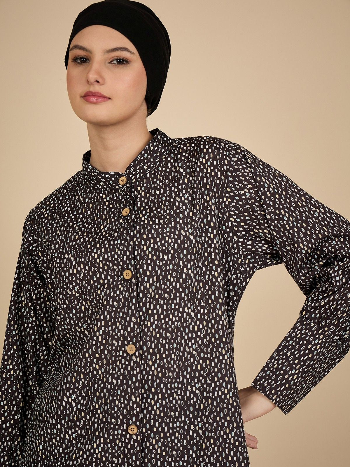 Front Open Black Printed Abaya Burqa with Black Hijab