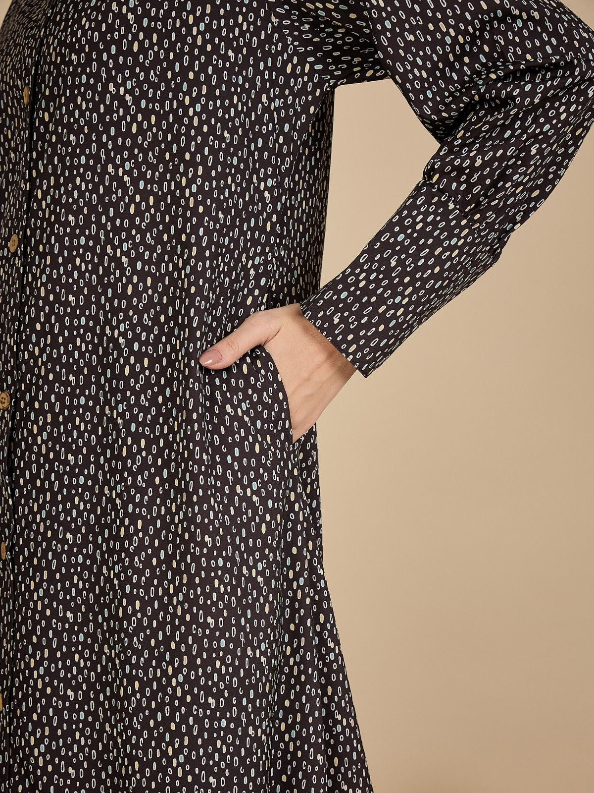 Front Open Black Printed Abaya Burqa with Black Hijab